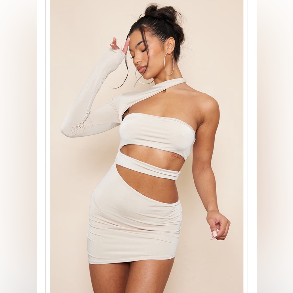 PrettyLittleThing Stone Slinky One Shoulder Cut Out Dress